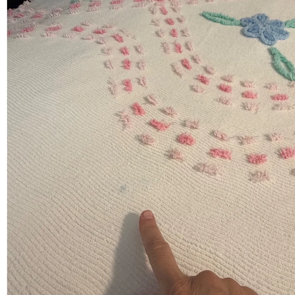 Vintage Chenille Floral Bedspread White Pink Blue Size 94x100 Shabby Chic Cotton